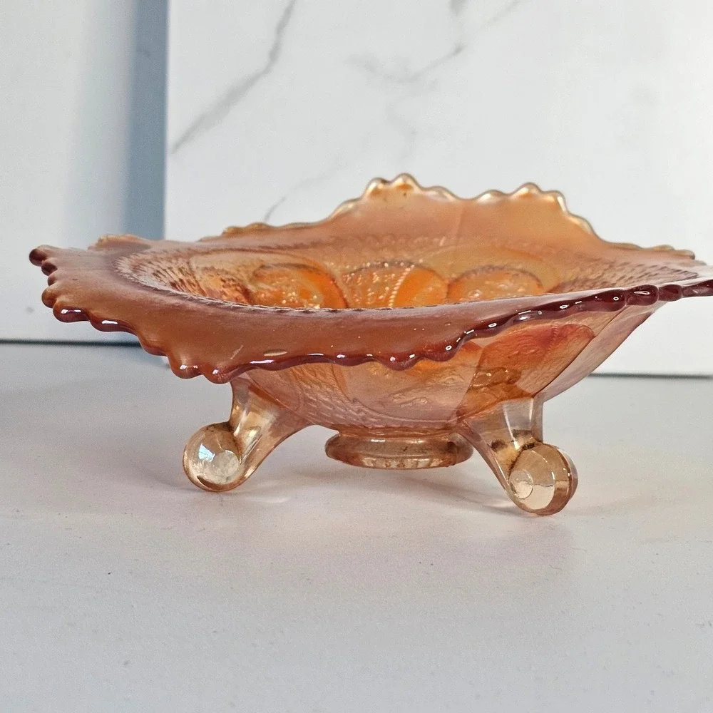 Orange Carnival Glass Footed Bowl Sunburst Horsehead Ruffled Antique Vintage‎